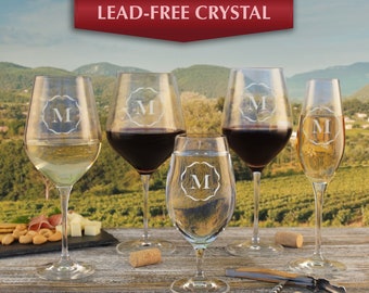 Personalized Crystal Stemware Engraved with Monogram Design Options (Each, Choose Type of Stem from Menu)