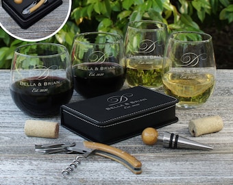 Personalized Wine Gift Set including Leatherette Wine Tool Set Engraved with Design Options & Optional Stemless Wine Glasses (Set)