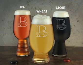 Personalized Craft Beer Gift Set of IPA, Stout, & Wheat Beer Glasses Engraved with Monogram Design Options with Font Selection (Set of 3)