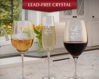 Personalized Red Wine, White Wine, and Flute Crystal Stemware Gift Set Engraved with Monogram Design Options (3-Piece Gift Set)