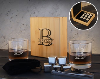 Whiskey Gift Set, Two (2) 11 oz. Personalized Whiskey Glass Tumblers with Engraved Bamboo Set including Ice Cubes & Tongs (Gift Set)