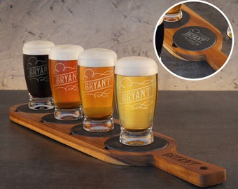 Personalized Craft Beer Flight Sampler with Slate Coasters and Beer Glasses