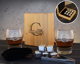 Whiskey Gift Set, Two (2) 12 oz. Personalized Whiskey Glass Tumblers with Engraved Bamboo Set including Ice Cubes & Tongs (Gift Set)