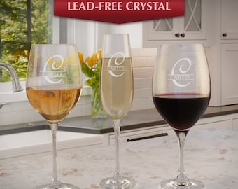 Personalized Crystal Stemware Gift Set Engraved with Monogram Design Options (3-Piece Gift Set)