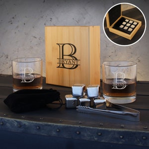 Whiskey Gift Set, Two (2) 11 oz. Personalized Whiskey Glass Tumblers with Engraved Bamboo Set including Ice Cubes & Tongs (Gift Set)