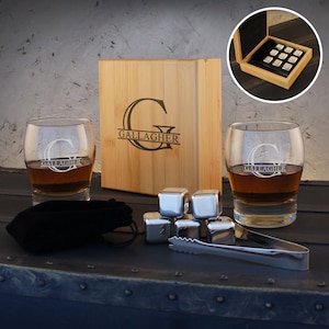 Whiskey Gift Set, Two (2) 12 oz. Personalized Whiskey Glass Tumblers with Engraved Bamboo Set including Ice Cubes & Tongs (Gift Set)