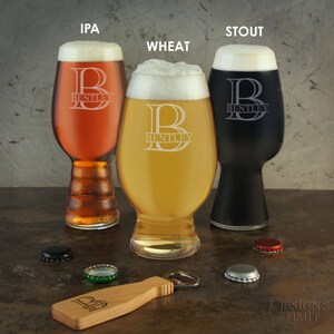 Personalized Craft Beer Gift Set of IPA, Stout, & Wheat Beer Glasses Engraved with Monogram Design Options with Font Selection (Set of 3)