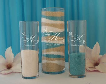 Sand Ceremony Set including Unity Vase and Two (2) Individual Vases Engraved with Inspired Couples Monogram Design Options with Optional Lid