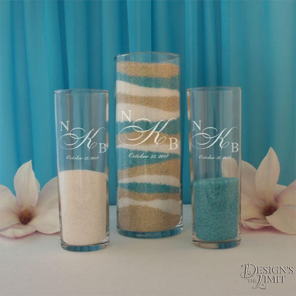 Sand Ceremony Set including Unity Vase and Two (2) Individual Vases Engraved with Inspired Couples Monogram Design Options with Optional Lid