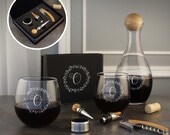 Wine Decanter Gift Set including Stemless Wine Glasses and Wine Tool Set with Corkscrew, Wine Pour, Foil Cutter, and Bottle Stopper (Set)