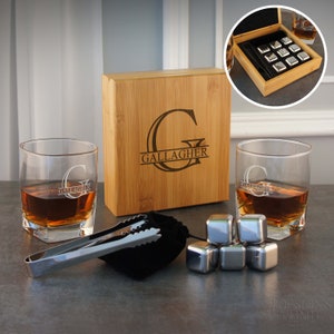 Rocks Whiskey Gift Set Two (2) 13 oz. Personalized Rocks Glass Tumblers with Engraved Bamboo Set including Ice Cubes & Tongs (Gift Set)