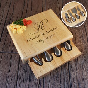 Personalized Cheese Board Gift Set Engraved with Monogram Design Options and Font Selection with Wine Corkscrew & Cheese Cutlery (Each)
