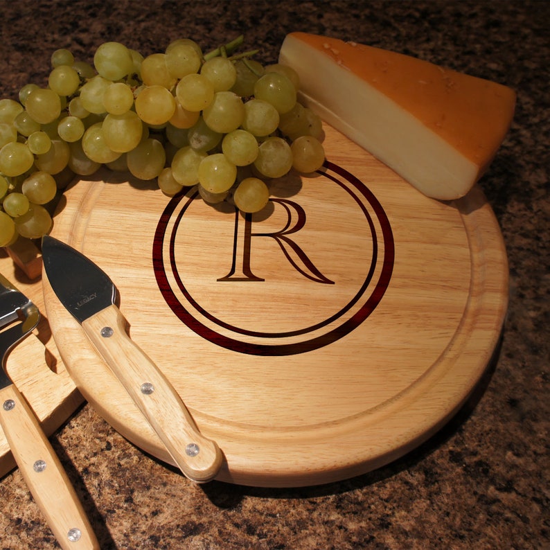 Large Cheese Board and Cheese Tool Set Custom Engraved with Monogram Options & Font Selection Each 10 Diameter See Additional Images image 2