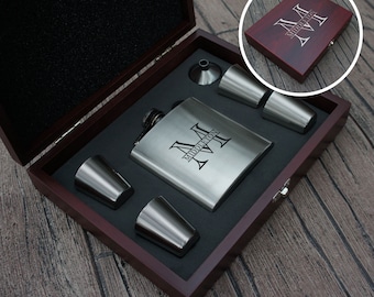 Personalized Flask Gift Set in Rosewood Case with Overlapping Monogram Design Options (Each) Engraved Wood & Stainless Steel Options