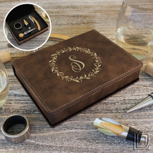 Personalized Wine Tool Set including Corkscrew, Wine Pour, Foil Cutter, & Bottle Stopper Engraved with Monogram Design Options (Gift Set)