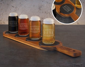 Personalized Craft Beer Flight Sampler with Slate Coasters and Mini Glass Beer Cans