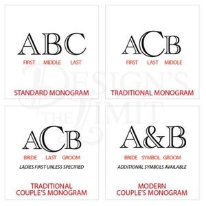 May include: Diagram showing four different monogram styles: standard, traditional, traditional couple's, and modern couple's. Each style shows the placement of first, middle, and last initials, or bride and groom initials.