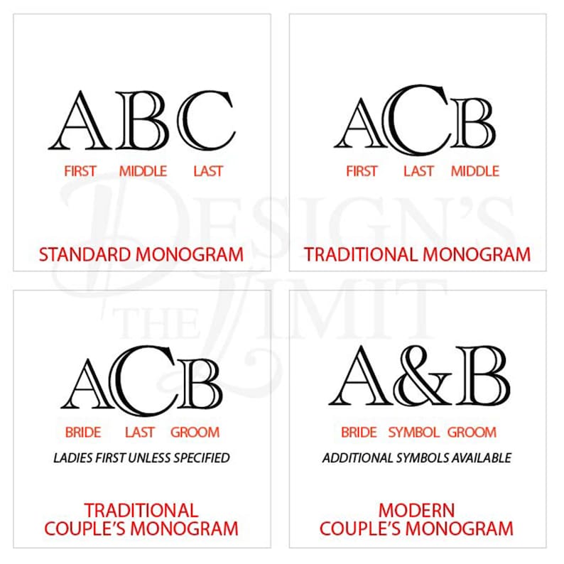 May include: Diagram showing four different monogram styles: standard, traditional, traditional couple's, and modern couple's. Each style shows the placement of first, middle, and last initials, or bride and groom initials.