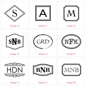 May include: Nine different monogram designs in black and white. Each design features a different font and style, including a diamond, square, oval, and curved frame. The designs are numbered 10 through 18.