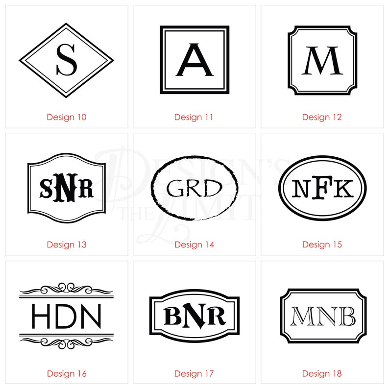 May include: Nine different monogram designs in black and white. Each design features a different font and style, including a diamond, square, oval, and curved frame. The designs are numbered 10 through 18.