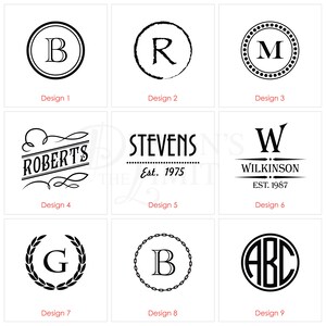 May include: Nine different monogram and family name designs for a logo or branding. The designs feature a variety of styles, including classic, modern, and vintage. The designs are all in black and white.