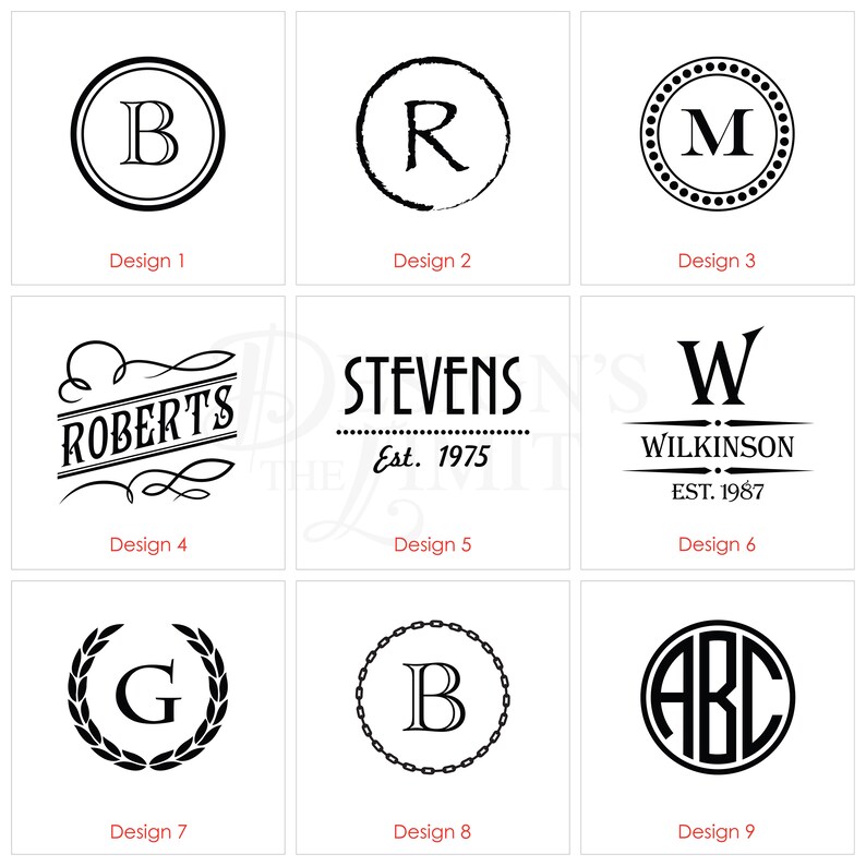 May include: Nine different monogram and family name designs for a logo or branding. The designs feature a variety of styles, including classic, modern, and vintage. The designs are all in black and white.