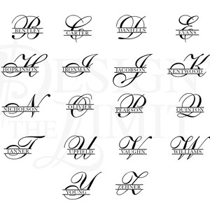 May include: A graphic design sheet with 26 different letter designs. Each letter is in a cursive font with a horizontal line through the middle. The line has a name written on it. The letters are A through Z.