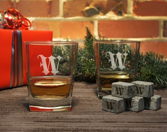 Rocks Lowball Gift Set Engraved with Monogram Designs & Font Selection OPTIONAL Engraved Ice Stones or Shot Glasses (EACH - w/ Options)