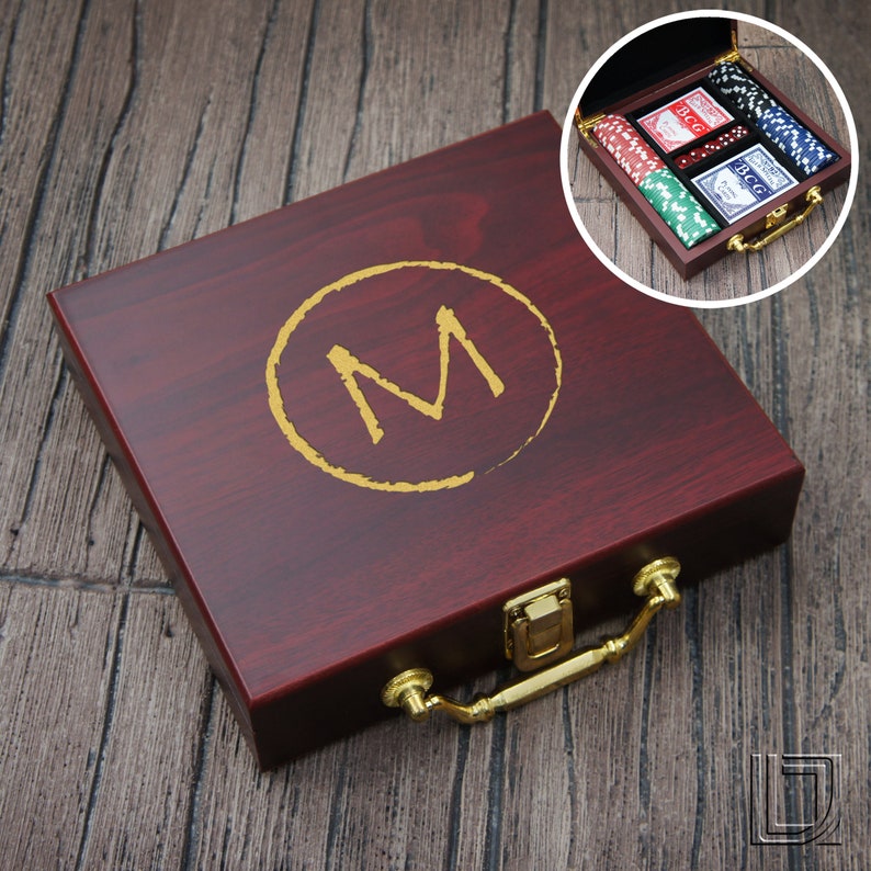 Personalized Poker Gift Set with Cards, Chips, & Dice including Engraved Case with Monogram Design Options Each See Additional Images image 2