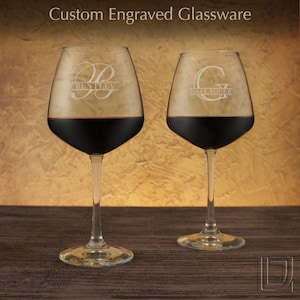Monogrammed Wine Glass Engraved with Any Combination of Our Designs & Font from our Selection (Each, Choose Red or White Diamond Stemware)