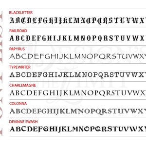 May include: A chart showing different font styles with the alphabet in each style. The font styles are Blackletter, Railroad, Papyrus, Typewriter, Charlemagne, Colonna, and Devinne Swash.