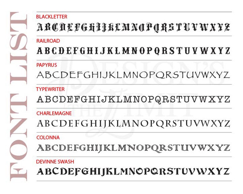 May include: A chart showing different font styles with the alphabet in each style. The font styles are Blackletter, Railroad, Papyrus, Typewriter, Charlemagne, Colonna, and Devinne Swash.