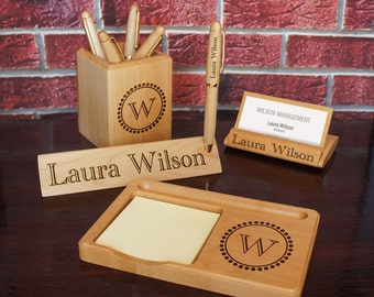Personalized Maplewood Folding Nameplate, Pen Holder, Business Card Holder, Memo Holder, Pen, & Pencil Set with Text and Font Selection