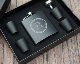 Monogrammed Flask Gift Set with Engraved Flask, Funnel, & Four (4) Shot Glasses in Gift Box (Each)