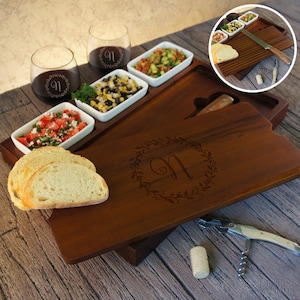Personalized Bruschetta Bread Board Set including Ceramic Bowls and Bread Knife Engraved with Monogram Design Options & Font Selection (Set)