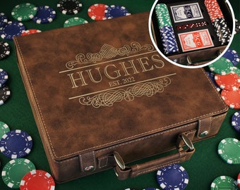 Personalized Poker Gift Set with Cards, Chips, & Dice including Engraved Case with Monogram Design Options (Each)