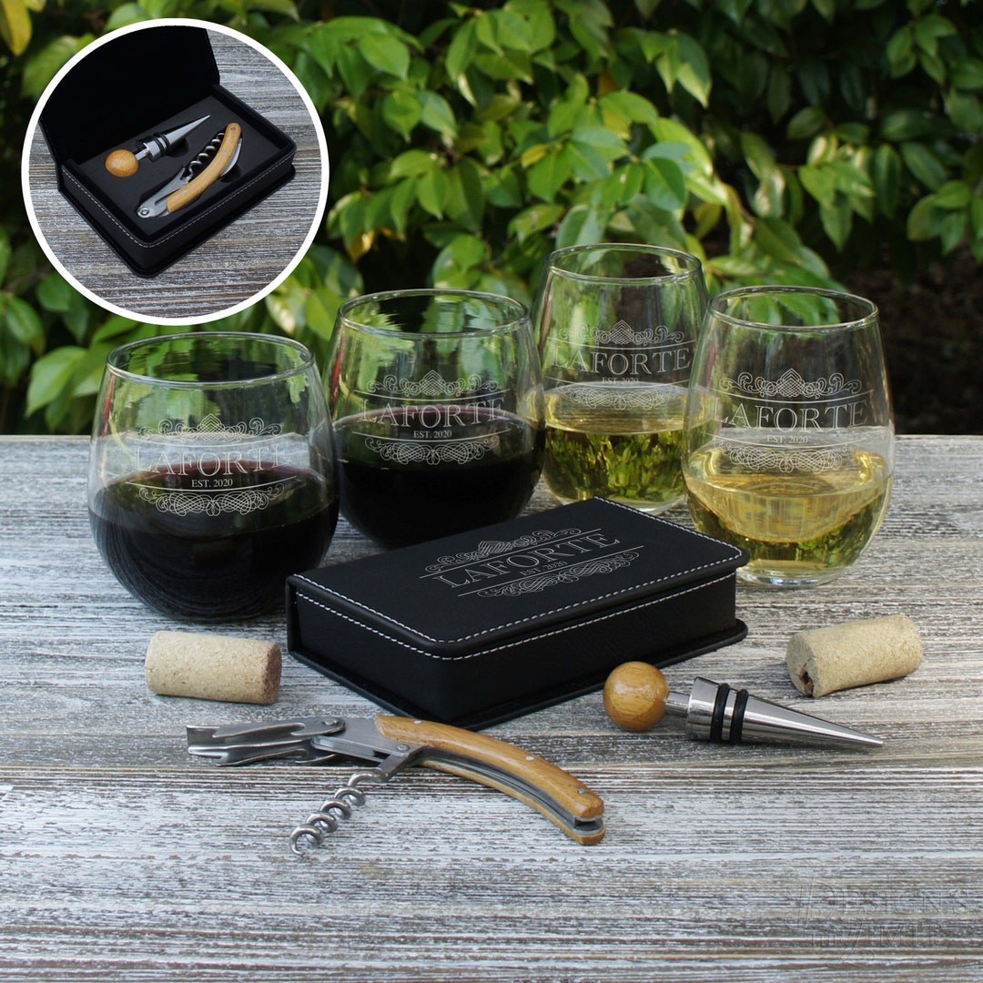Personalized Wine Gift Set Including Leatherette Wine Tool Set Engraved With Design Options ...