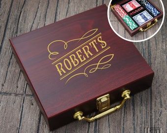 Personalized Poker Gift Set with Cards, Chips, & Dice including Engraved Case with Monogram Design Options (Each) See Additional Images