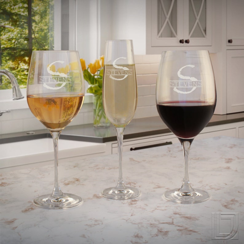 Personalized Crystal Stemware Gift Set Engraved with Monogram Design Options 3-Piece Gift Set ANTIQUE OVERLAPPING