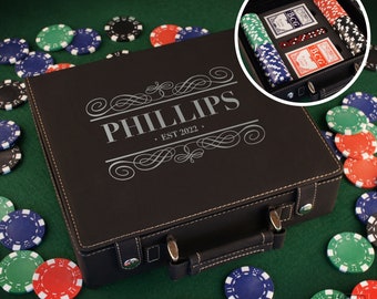 Personalized Poker Gift Set with Cards, Chips, & Dice including Engraved Case with Monogram Design Options (Each)