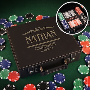 Personalized Poker Set with Cards, Chips, & Dice including Engraved Case with Groomsman Wedding Party Monogram Design Options (Each)