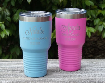 Personalized Stainless Steel Vacuum Insulated Travel Mugs Engraved with Bridal Party Design Options (Each)