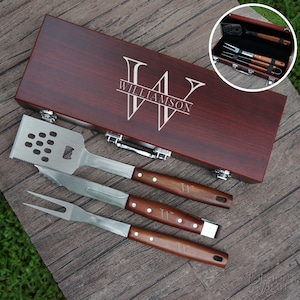 Personalized BBQ Tool Set Engraved with Design Options and Font Selection (Each w/ Three Piece BBQ Tool Set in Rosewood Case)