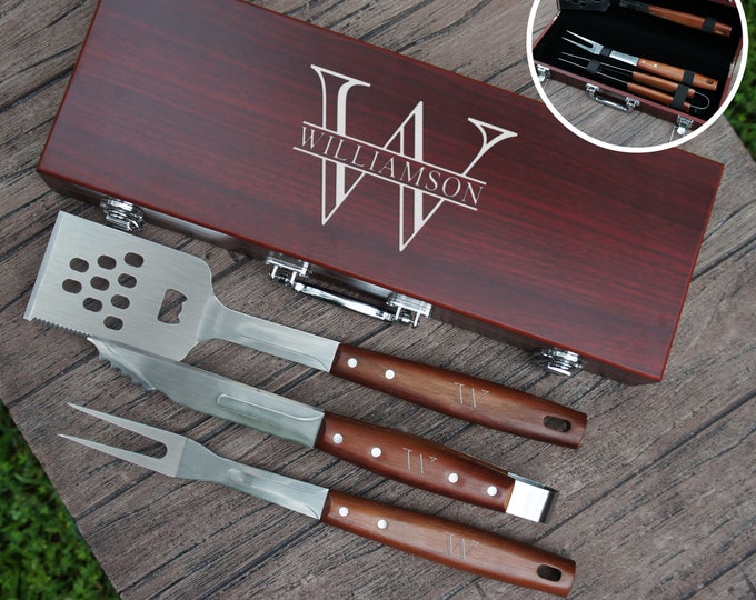 Personalized BBQ Tool Set Engraved with Design Options and Font Selection (Each w/ Three Piece BBQ Tool Set in Rosewood Case)