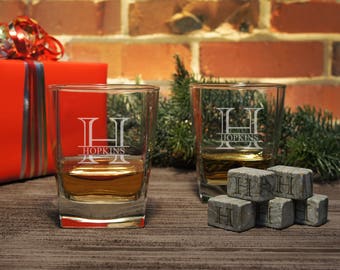 Rocks Lowball Glasses Personalized with Overlapping Monogram Designs OPTIONAL Engraved Ice Stones or Shot Glasses (EACH - w/ 13 oz.)