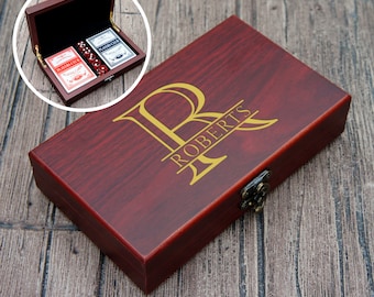 Personalized Card & Dice Poker Gift Set with Engraved Monogrammed Case with Gold Color Fill (Each) See Additional Images