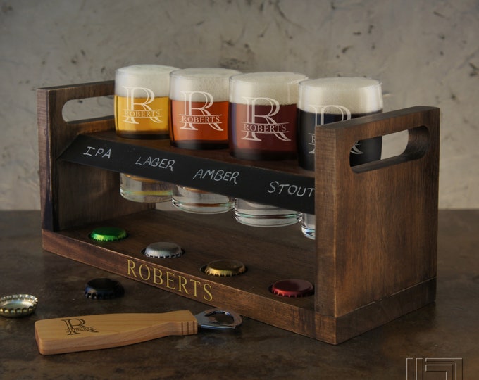 Personalized Craft Beer Flight Sampler with Chalkboard & Soapstone Pencil with Flight Caddy and Glassware Engraving Options (See Images)
