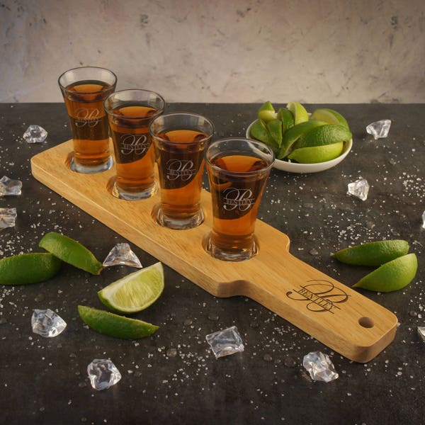 Monogrammed Shot Glass Serving Flight Engraved with Overlapping Monogram Design (Each Set Includes Four Shot Glasses and Wood Flight)