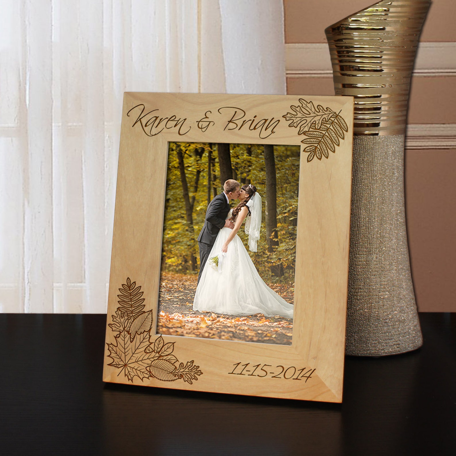 Autumn Leaves Fall Wedding Inspired Picture Frame Engraved with Text and Font Selection - 5 x 7 or 8 x 10 Photograph, Vertical