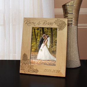 Autumn Leaves Fall Wedding Inspired Picture Frame Engraved with Text and Font Selection (Select Size and Frame Orientation)